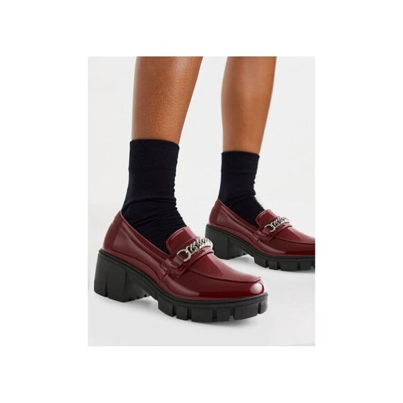 Women's Oxford Platform Shoes Chain Loafers & Slip-On Chunky Heel Wine SZ 9 - Picture 4 of 5
